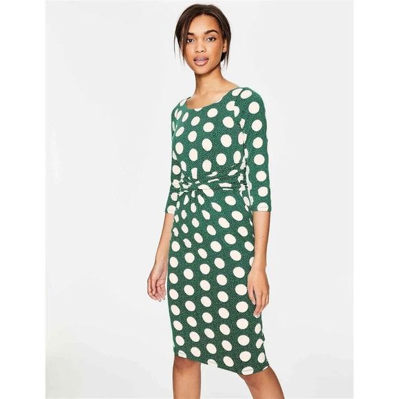Boden Dresses & Skirts - Boden Michelle Sheath Dress Size 8 Green/White Polka Dot 3/4 Sleeve Drape Jersey